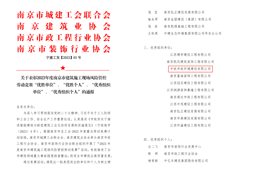 南京龍袍項(xiàng)目榮獲2023年度南京市建筑施工現(xiàn)場(chǎng)風(fēng)險(xiǎn)管控勞動(dòng)競(jìng)賽“優(yōu)秀組織單位”表彰
